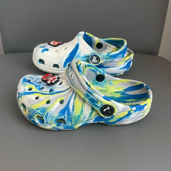 Crocs Kids Classic Marble Clog Blue/Lime/White Dye Power Ranger Jibbitz Size 10C - Picture 4 of 13